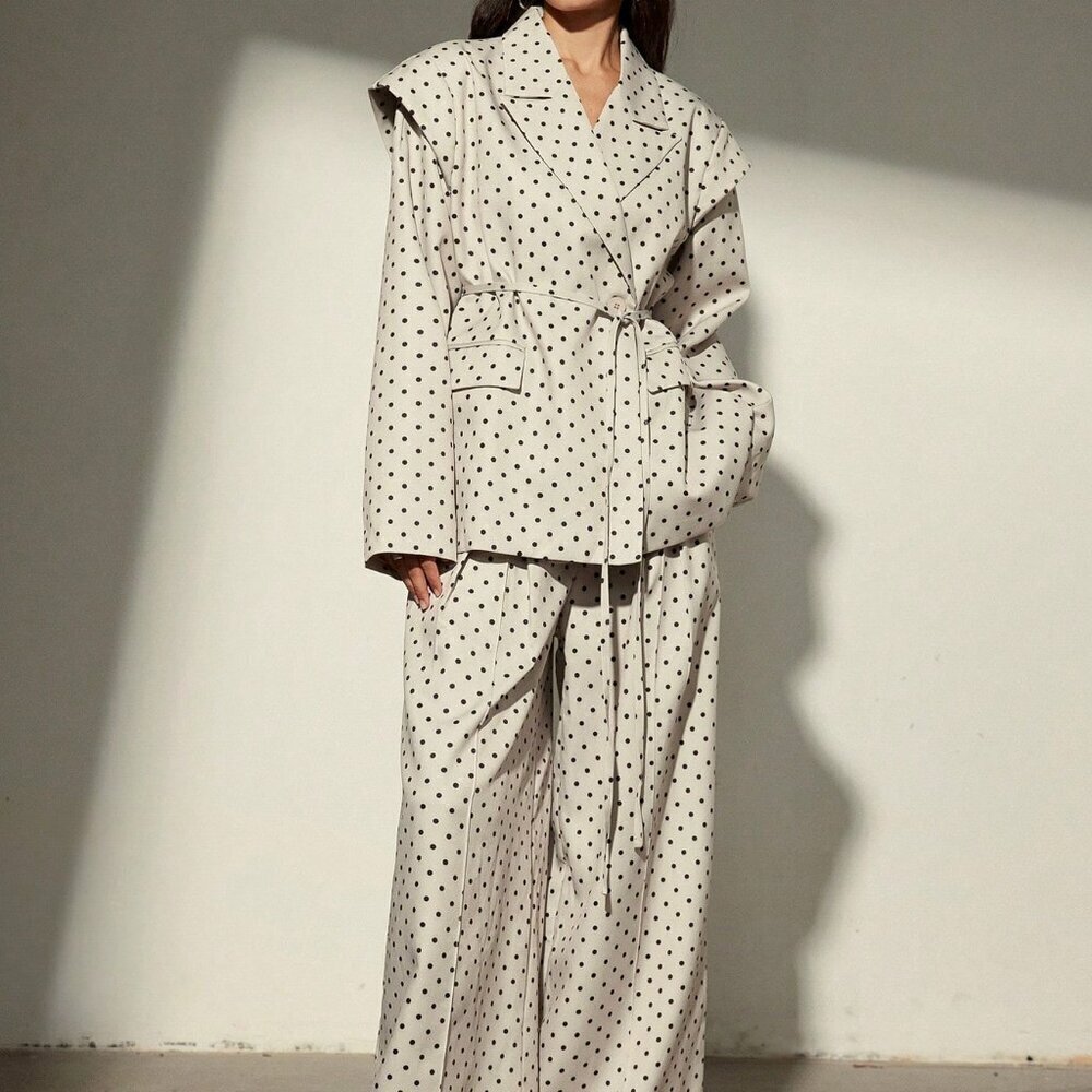 Khaki Elegant Women's Polka Dot Long Sleeve Suit